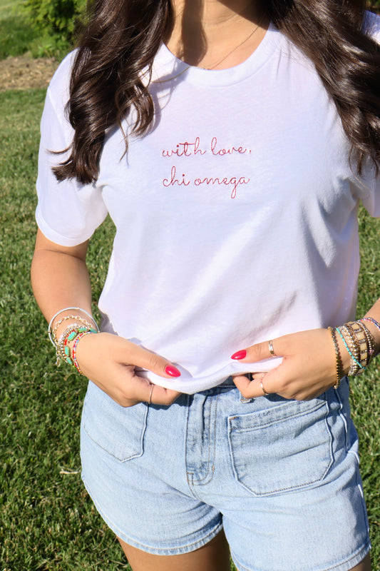 Chi Omega Embroidered With Love Cropped T-Shirt