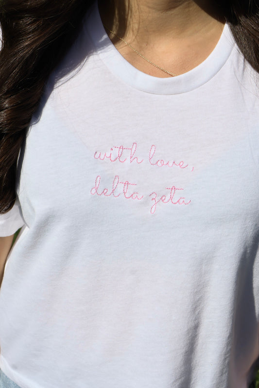 Delta Zeta Embroidered With Love Cropped T-Shirt