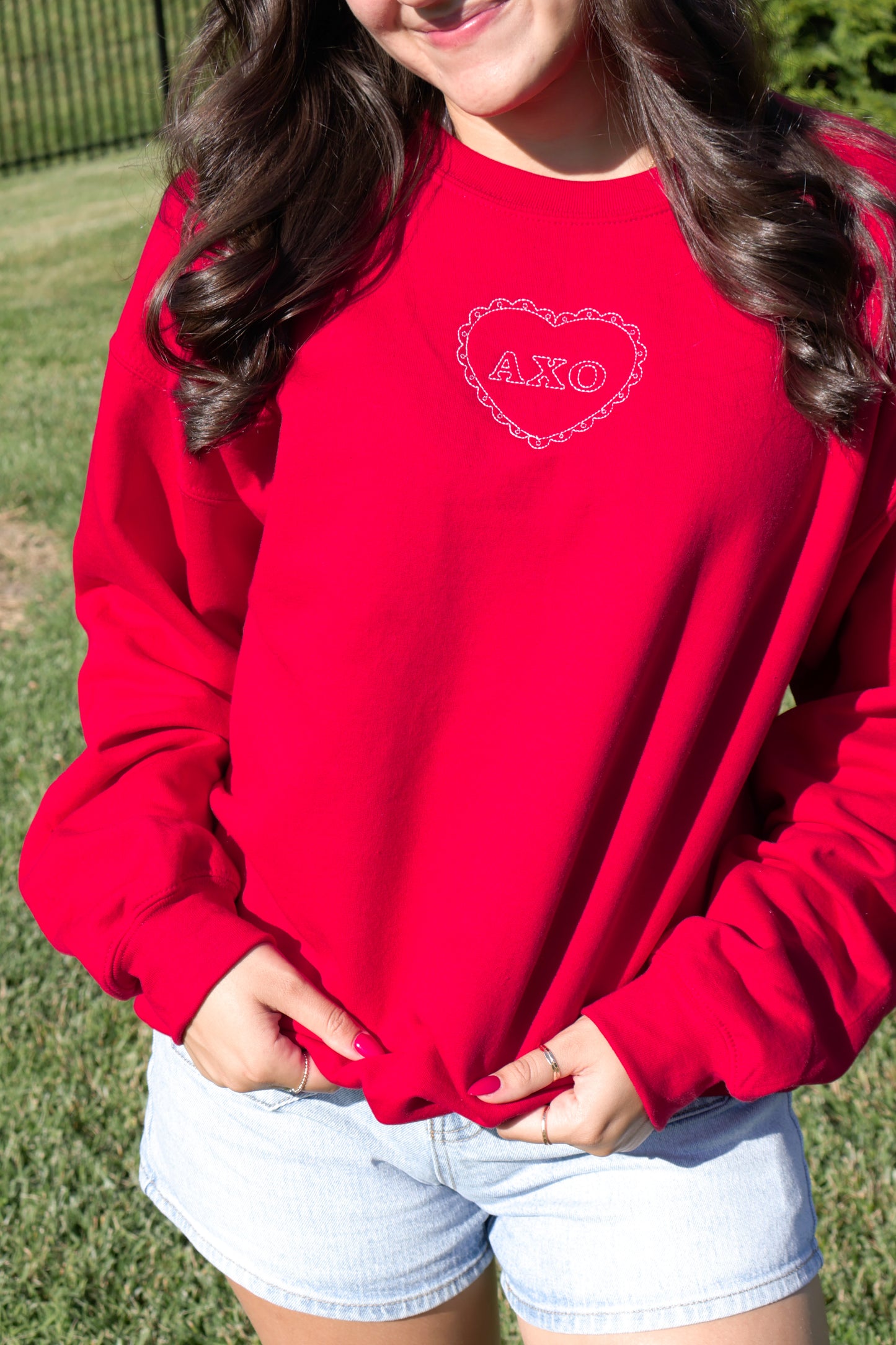 Alpha Chi Omega Embroidered Coquette Heart Crewneck