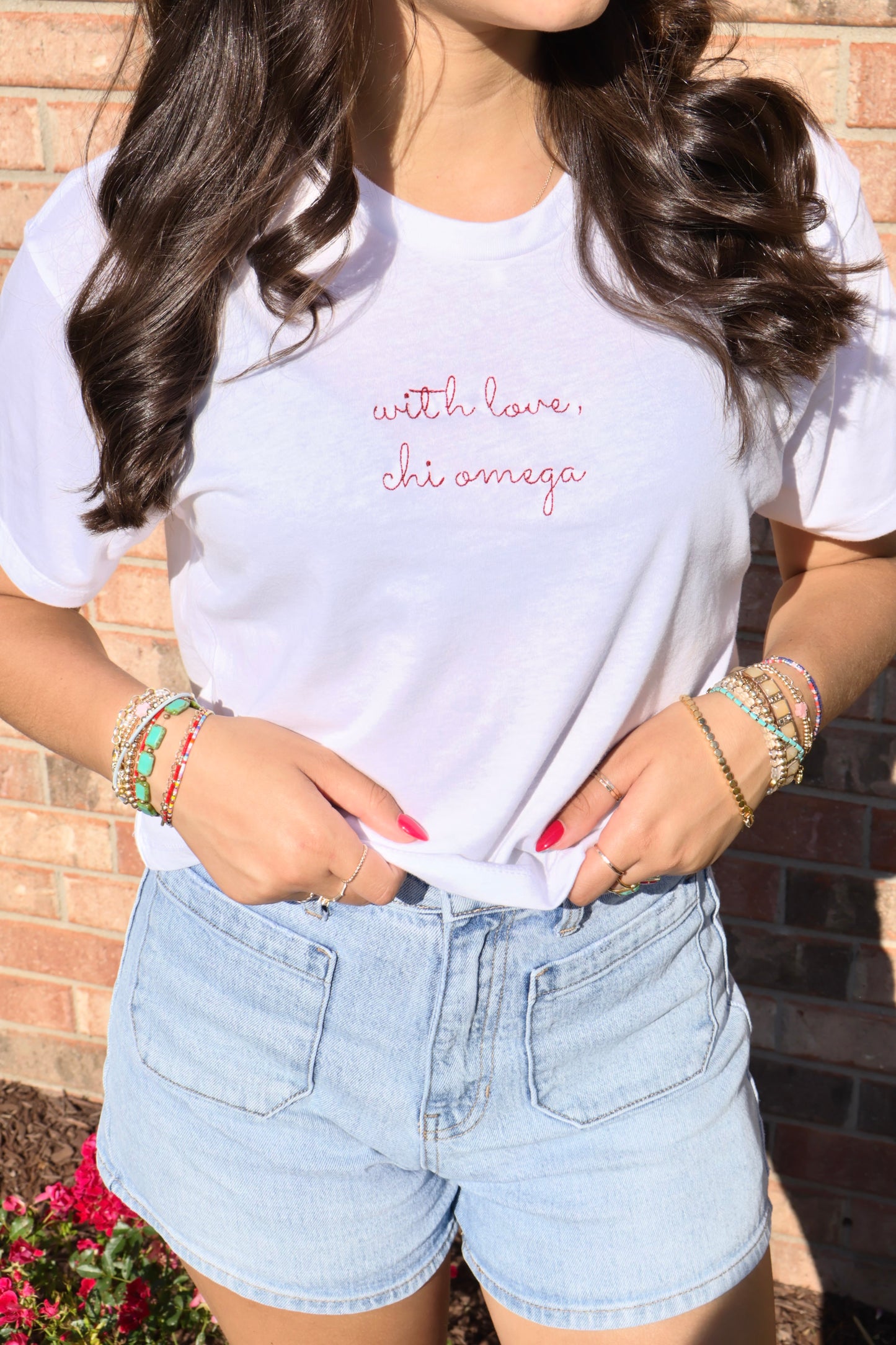 Chi Omega Embroidered With Love Cropped T-Shirt