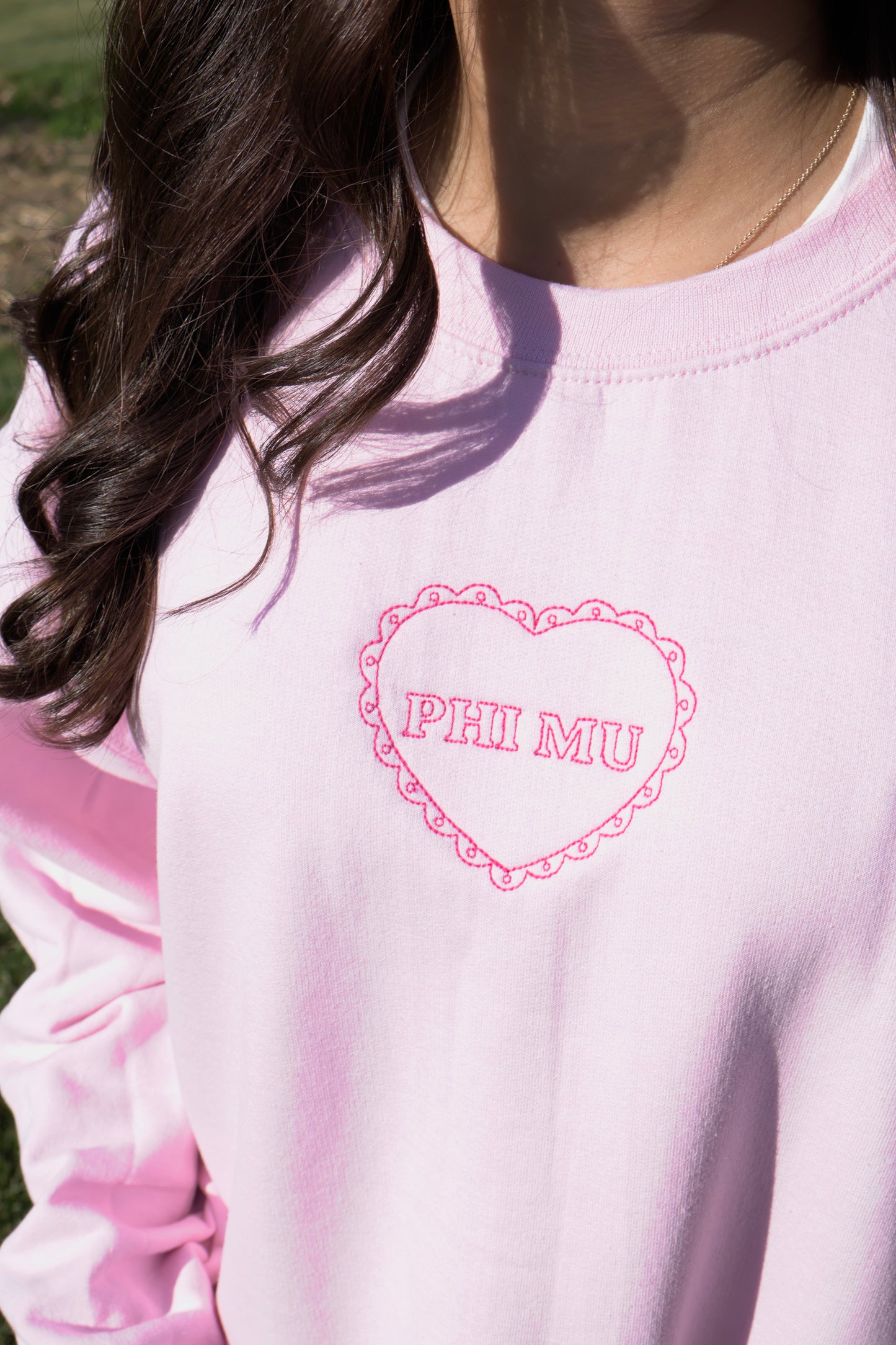 Phi Mu Embroidered Coquette Heart Crewneck