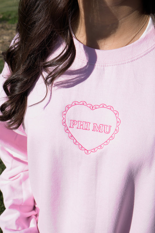Phi Mu Embroidered Coquette Heart Crewneck