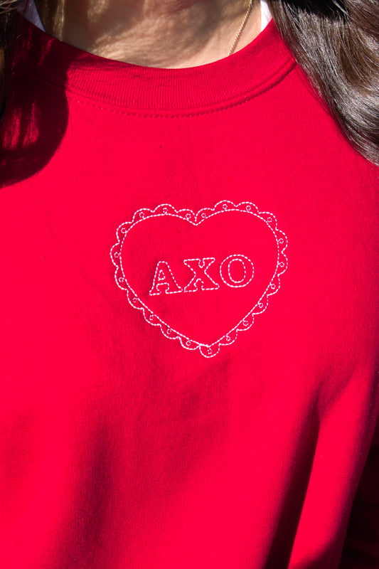 Alpha Chi Omega Embroidered Coquette Heart Crewneck