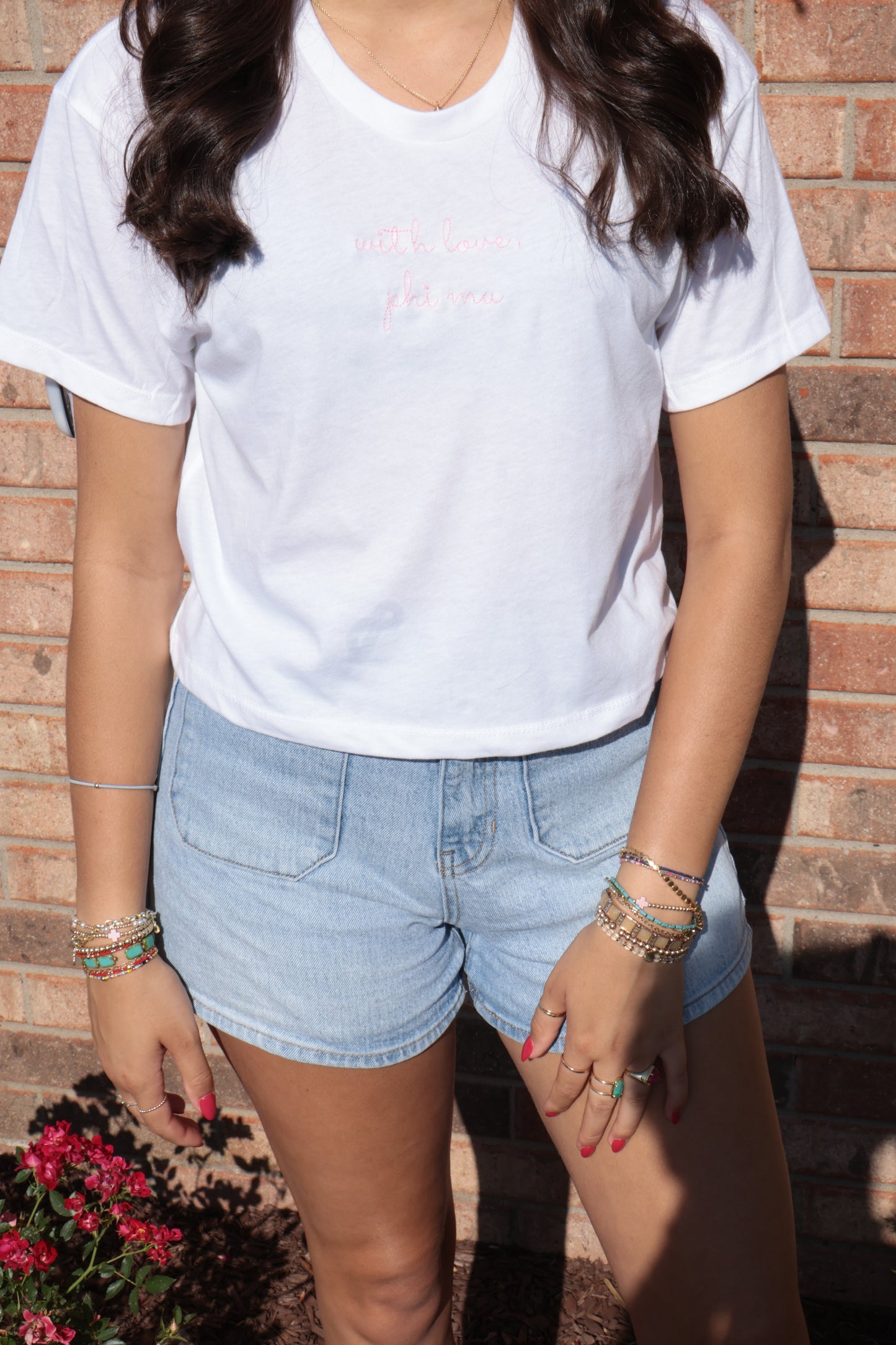 Phi Mu Embroidered With Love Cropped T-Shirt