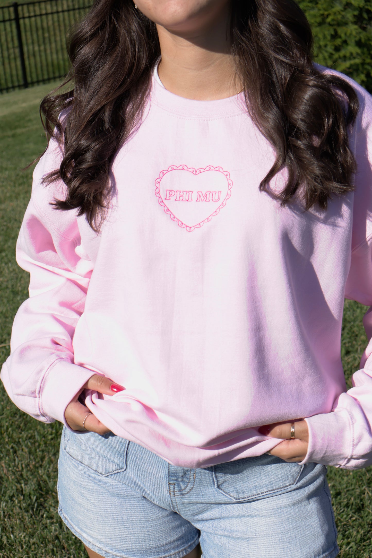 Phi Mu Embroidered Coquette Heart Crewneck